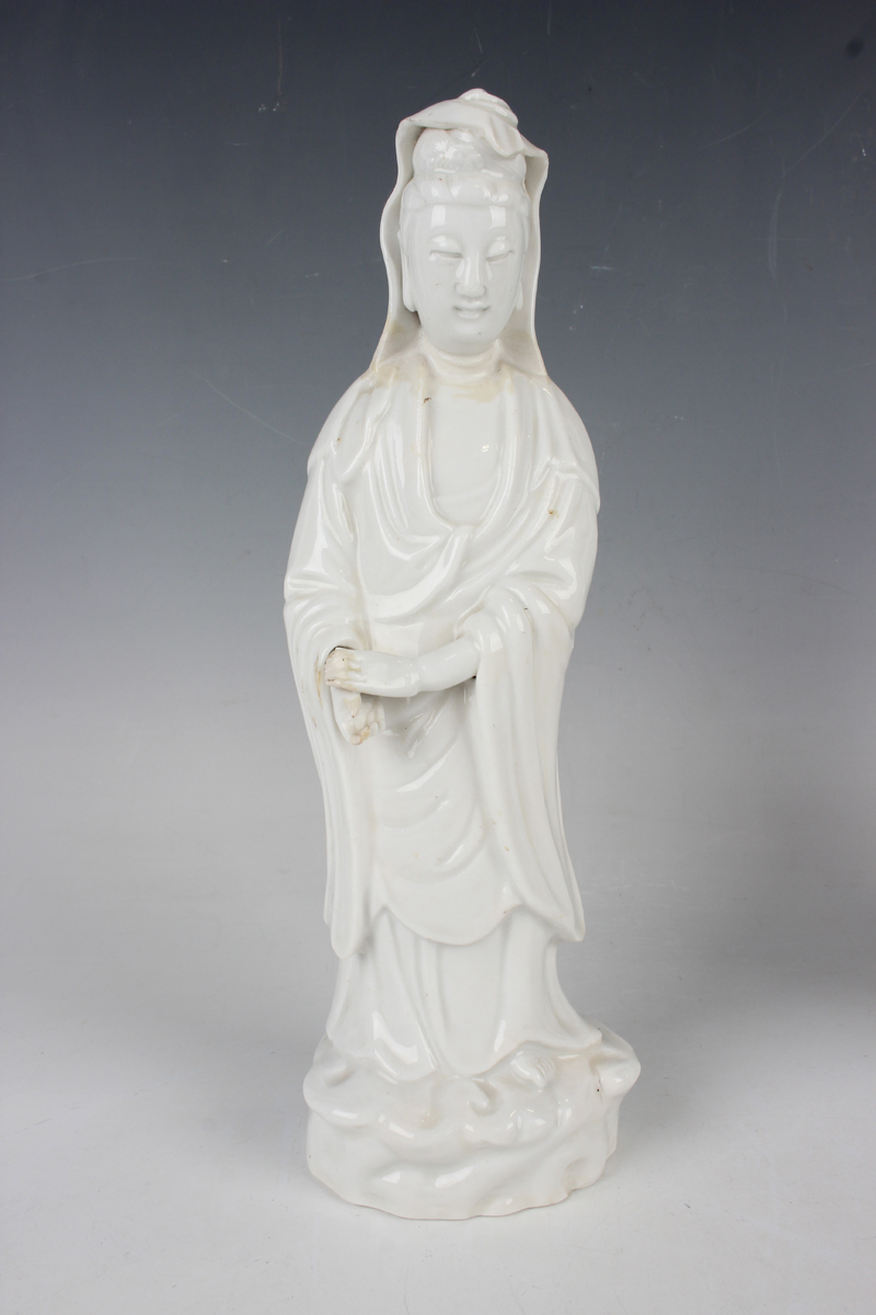 Two Chinese blanc-de-Chine porcelain figures of Guanyin, Qing dynasty, each modelled standing - Image 18 of 18