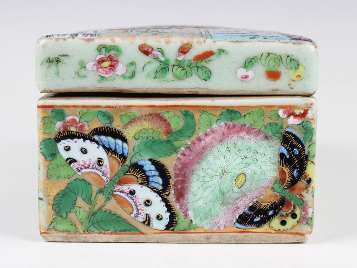 A Chinese Canton famille rose rectangular porcelain box and cover, mid-19th century, the top painted - Image 11 of 16