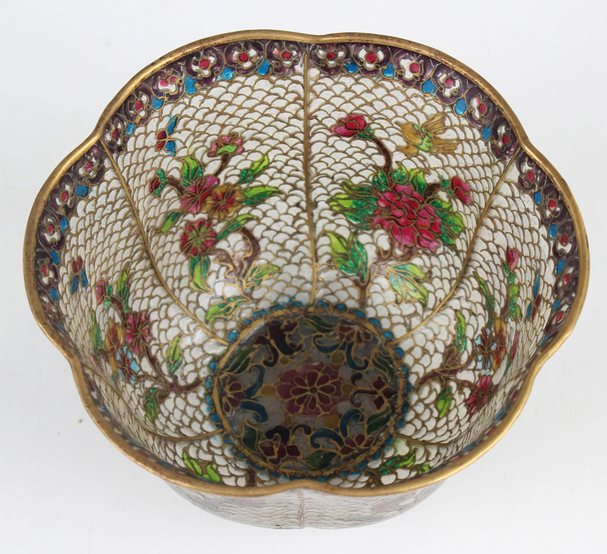 A Chinese plique-à-jour bowl, mid-20th century, of steep-sided lobed form, decorated with flowers, - Image 22 of 29