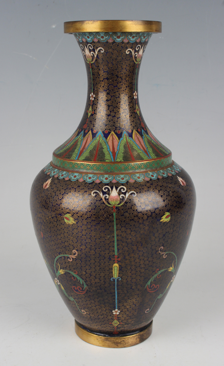 A pair of Chinese cloisonné bottle vases, early 20th century, each ovoid body and flared narrow neck - Image 3 of 12