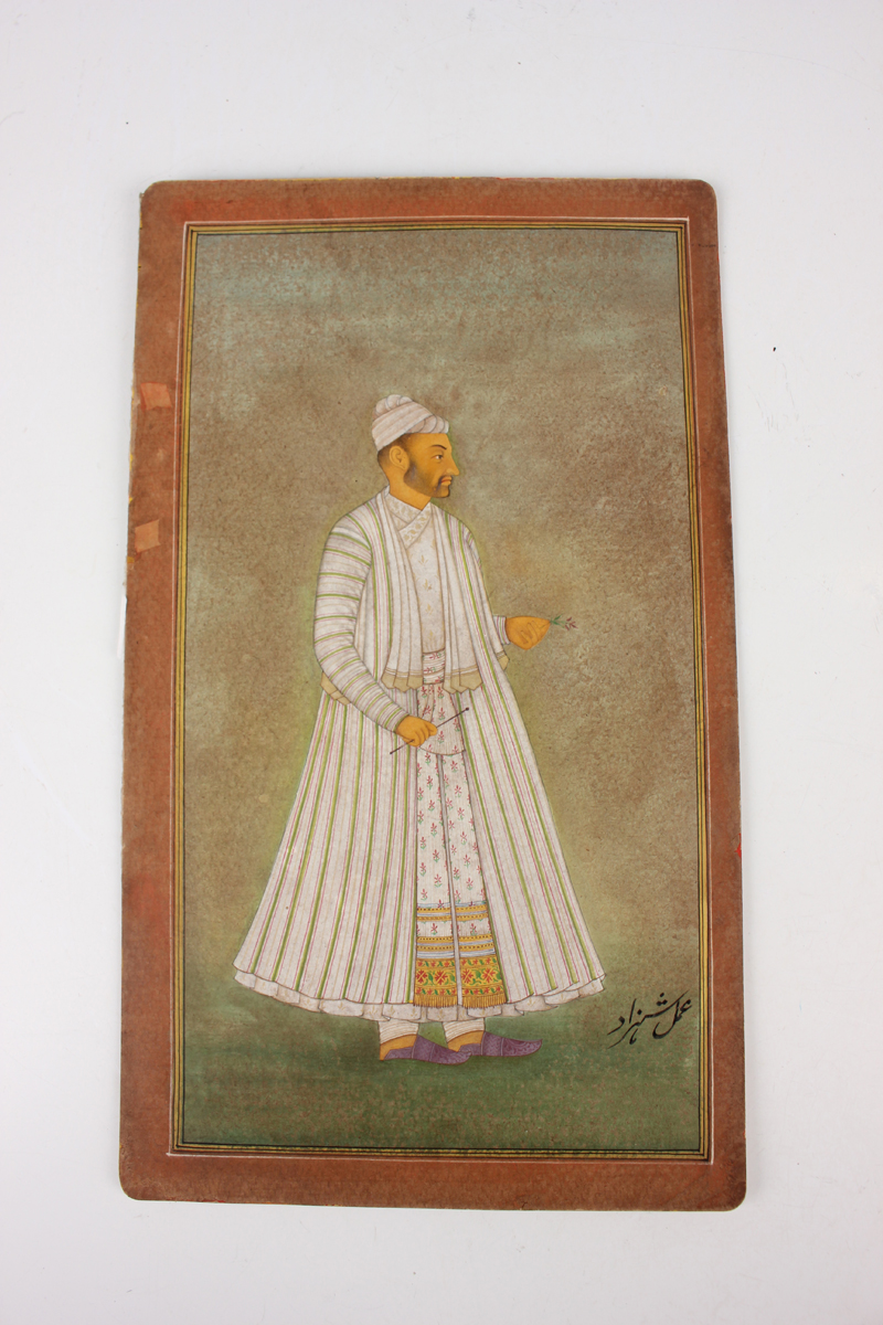 Two Indian Mughal School miniature watercolour paintings, 19th century, each depicting a full-length - Image 9 of 11