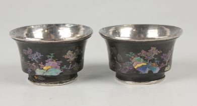 A pair of Chinese laque burgauté wine cups, Kangxi period, each delicately inlaid in mother-of-pearl