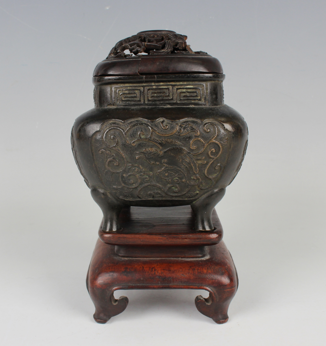 A Chinese brown patinated bronze censer of rounded square form, the body cast with fenghuang panels, - Image 8 of 9