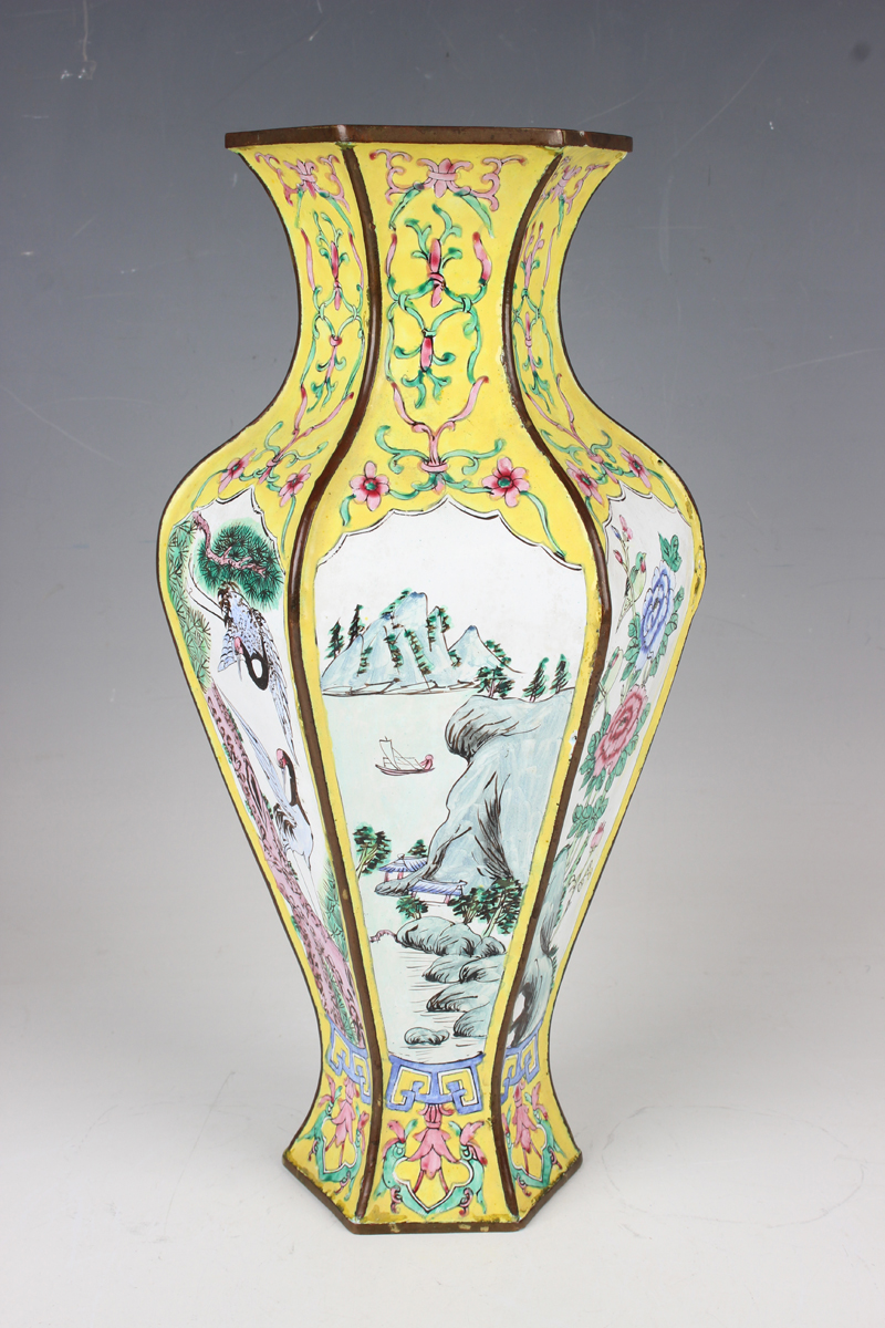 A pair of Chinese Canton enamel vases, 20th century, each of hexagonal baluster form, each facet - Image 2 of 16