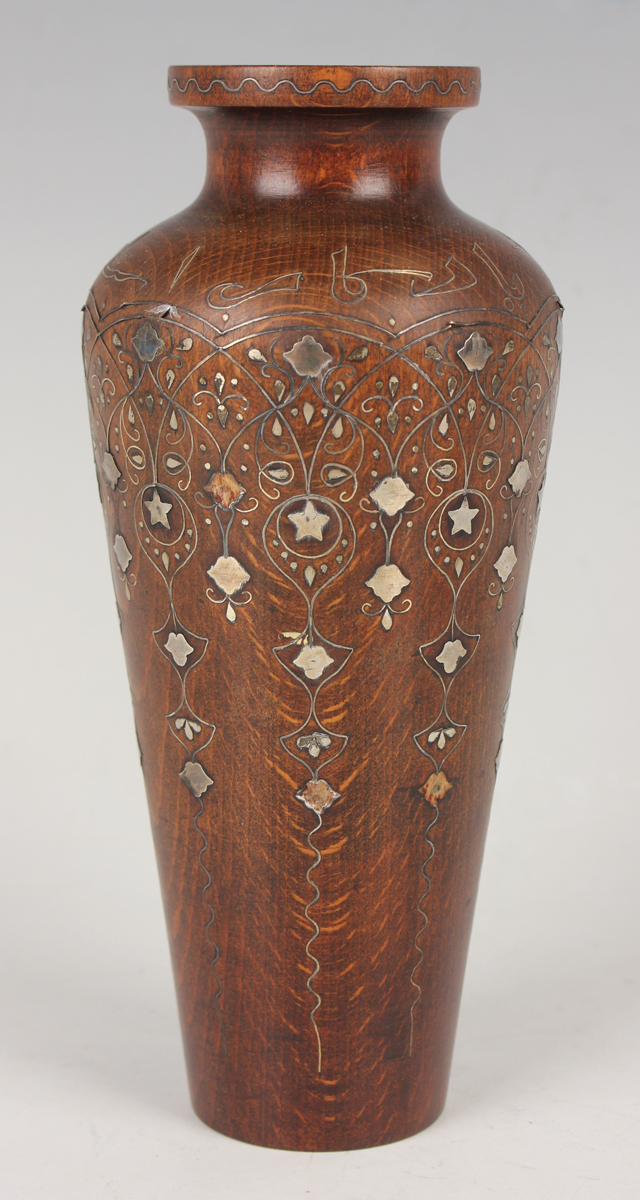 A pair of Islamic inlaid wooden vases, probably Syrian, early 20th century, each shouldered tapering - Image 27 of 28