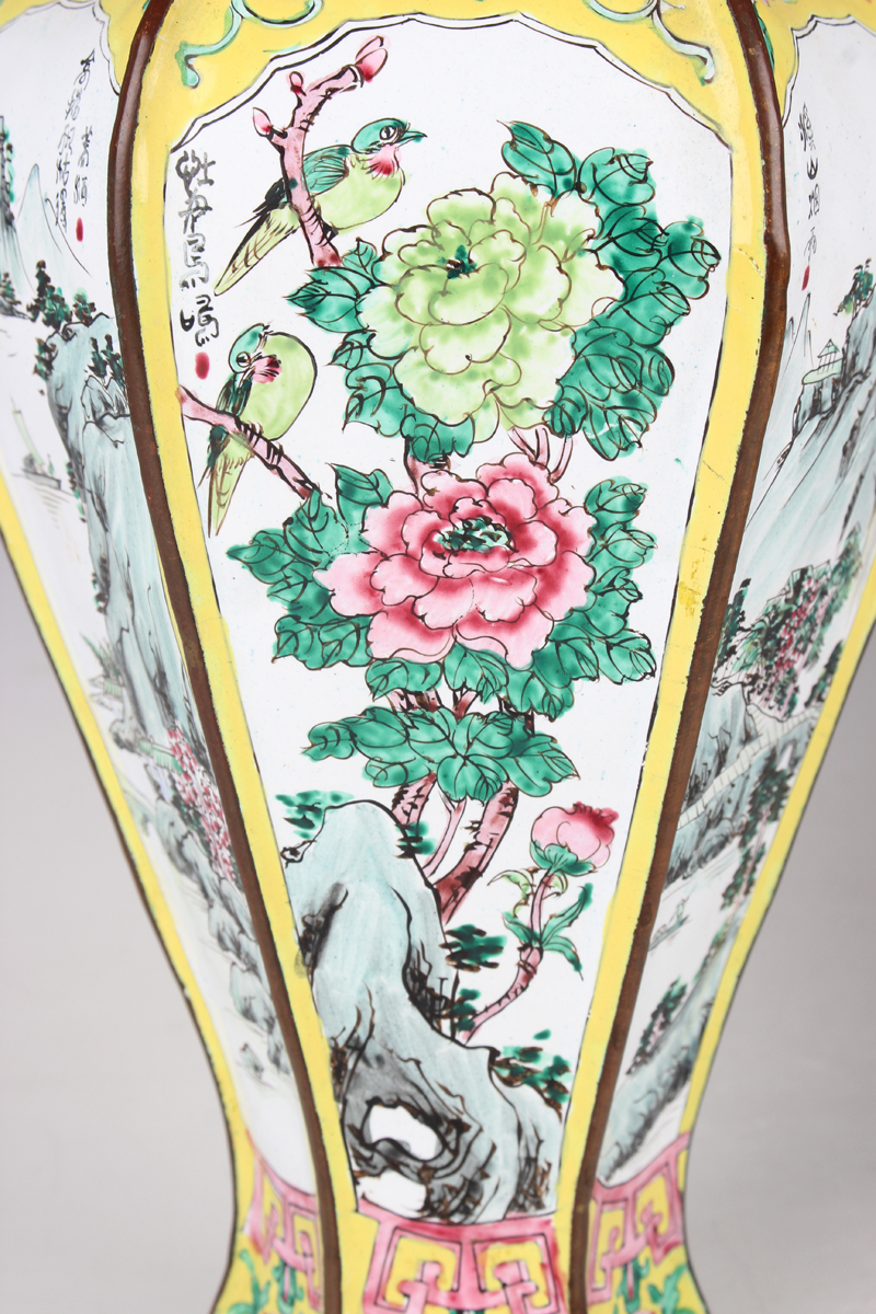 A pair of Chinese Canton enamel vases, 20th century, each of hexagonal baluster form, each facet - Image 9 of 16