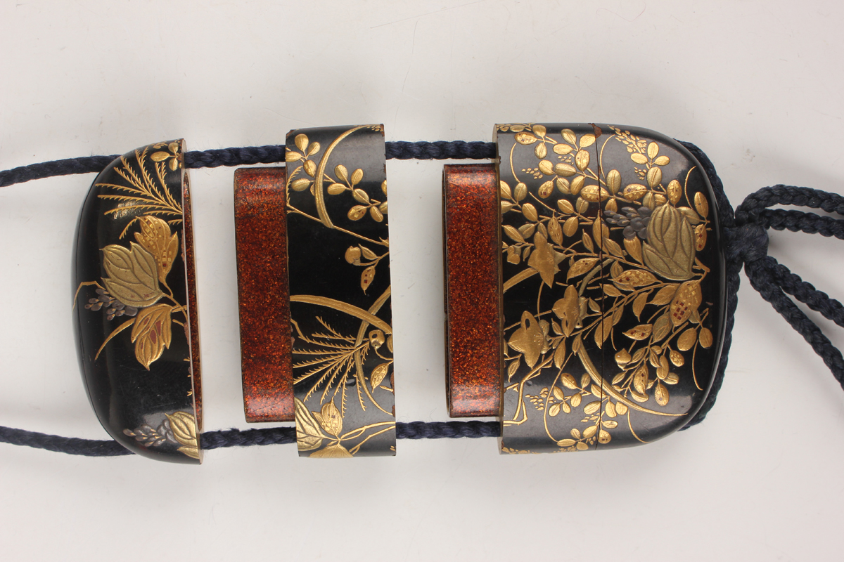 A Japanese lacquer three-case inro, Meiji period, of flattened oblong form, each side finely - Image 7 of 8