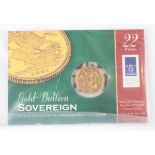 An Elizabeth II Royal Mint Gold Bullion sovereign 2001, within a display card and sealed bag.Buyer’s