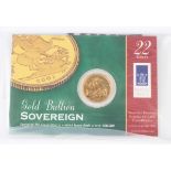 An Elizabeth II Royal Mint Gold Bullion sovereign 2001, within a display card and sealed bag.Buyer’s