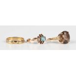 A gold, blue zircon and colourless zircon three stone ring, circa 1950, unmarked, weight 2.9g,