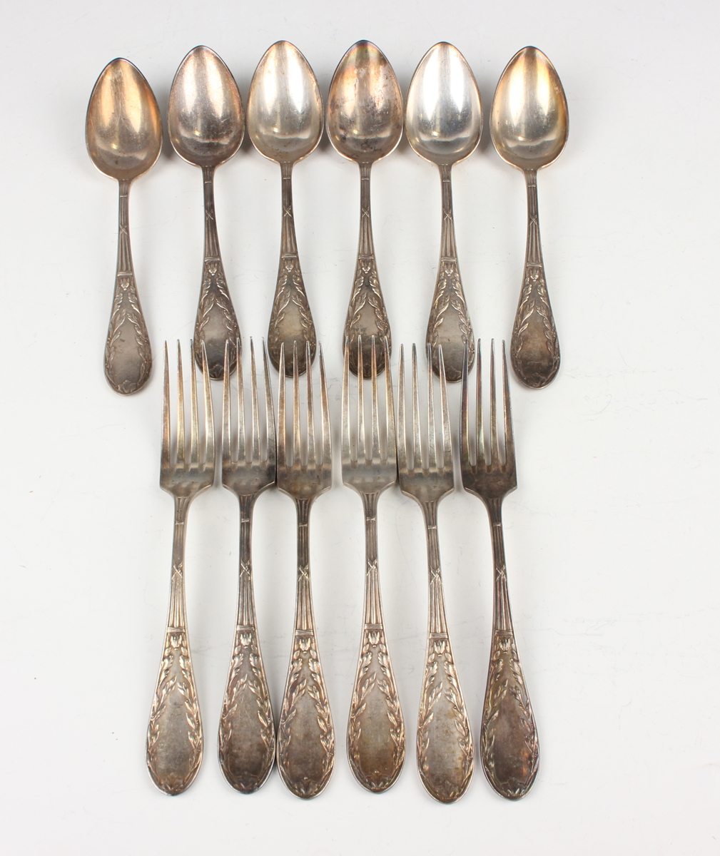 A pair of George III silver Old English pattern serving spoons, later embossed and engraved with - Image 3 of 5