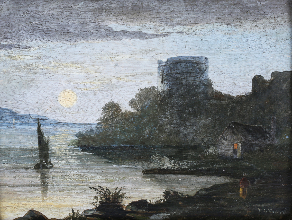 W. Ward, British School - Moonlight View of an Estuary with Castle and Sailing Vessel, and A View of