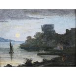 W. Ward, British School - Moonlight View of an Estuary with Castle and Sailing Vessel, and A View of
