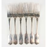 A set of six early Victorian Irish silver Fiddle pattern table forks, Dublin 1839 by James Le Bas,