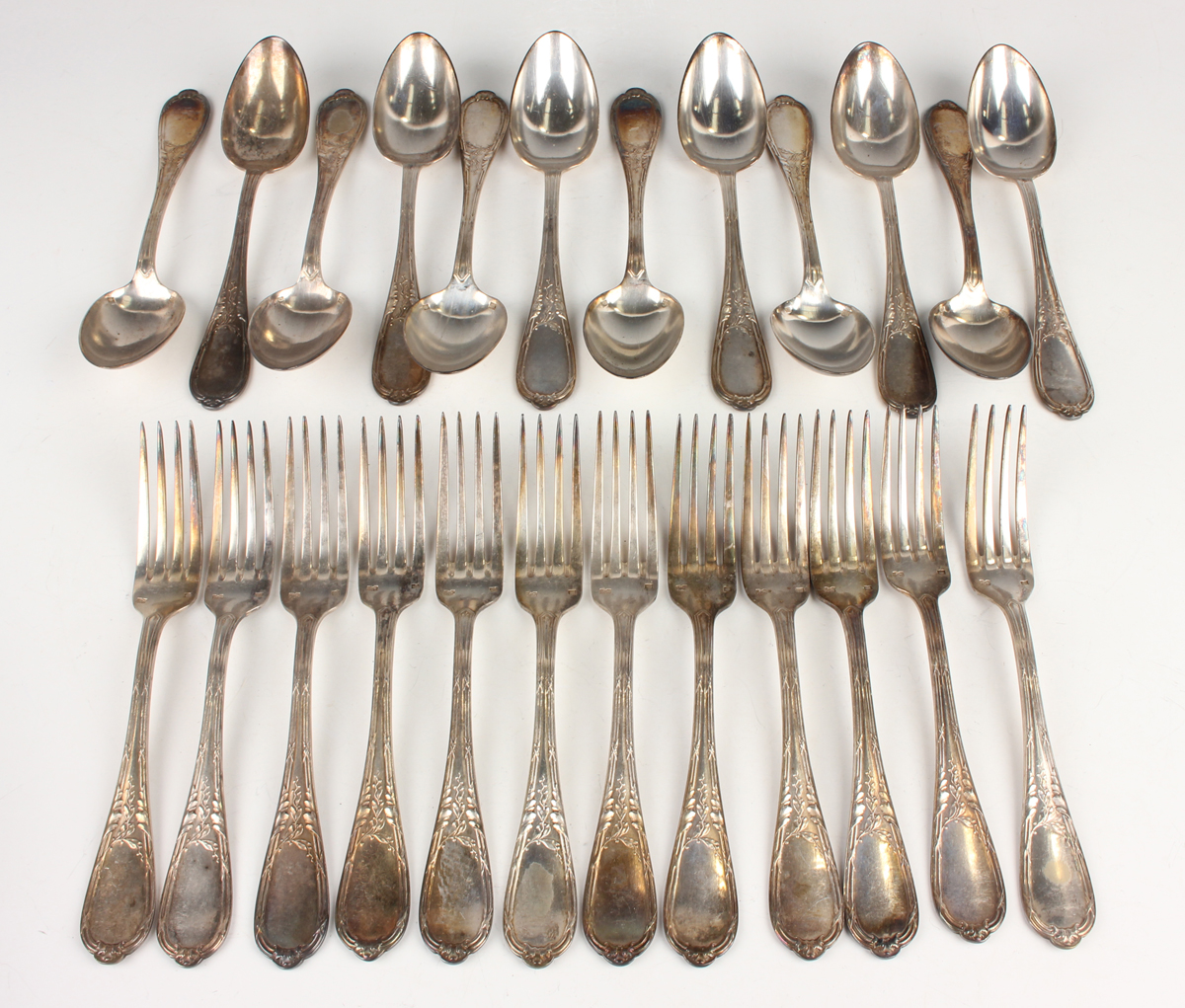 A pair of George III silver Old English pattern serving spoons, later embossed and engraved with - Image 5 of 5