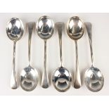 A set of six George V silver Old English pattern soup spoons, London 1926 and 1927 by Josiah