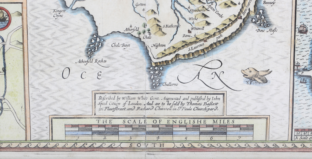 John Speed - 'Wight Island' (Map of the Isle of Wight), 17th century engraving with later hand- - Image 5 of 8