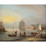 Follower of William Collins - Sailing Vessels in a Bay with Figures on a Beach, 20th century oil