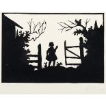 German School - Girl in a Landscape, cut-paper silhouette, indistinctly signed and dated 1952,