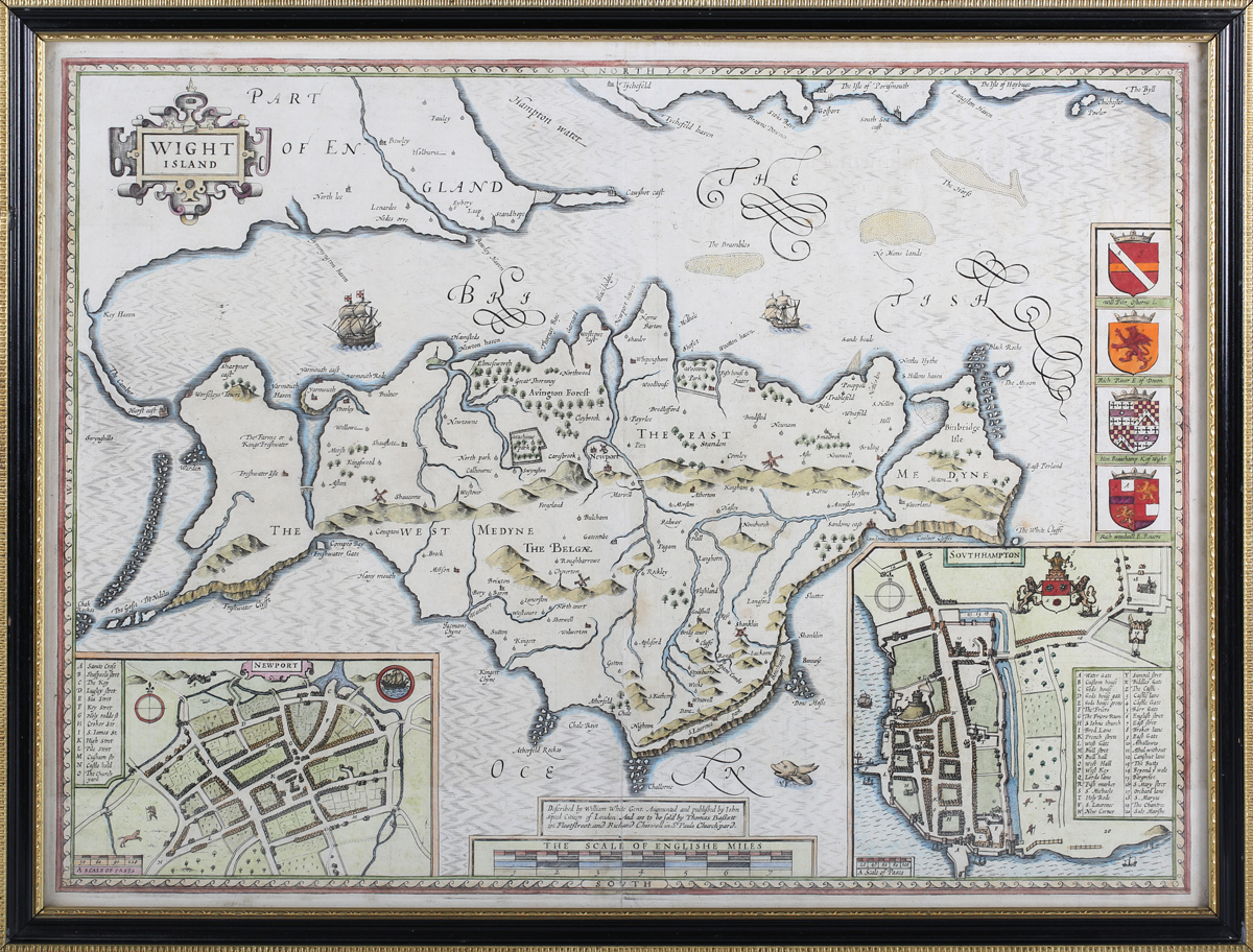 John Speed - 'Wight Island' (Map of the Isle of Wight), 17th century engraving with later hand- - Image 8 of 8
