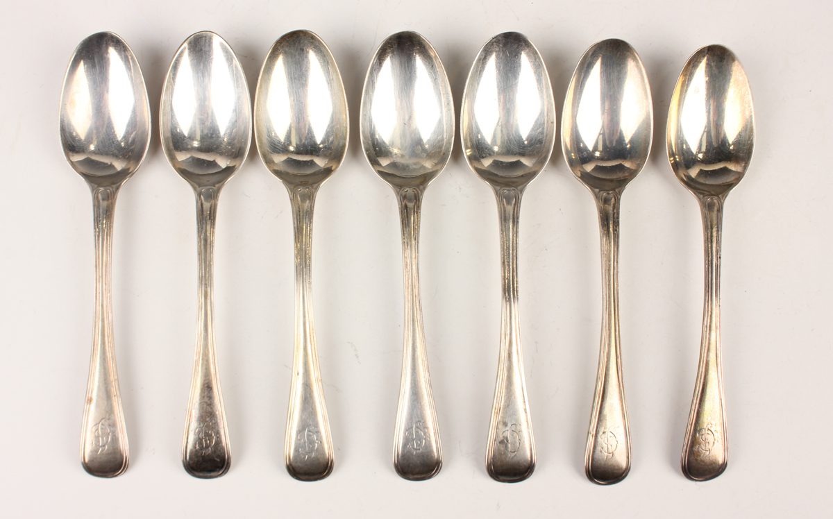 A set of seven Victorian silver Old English and Thread pattern teaspoons, London 1850 by Chawner &