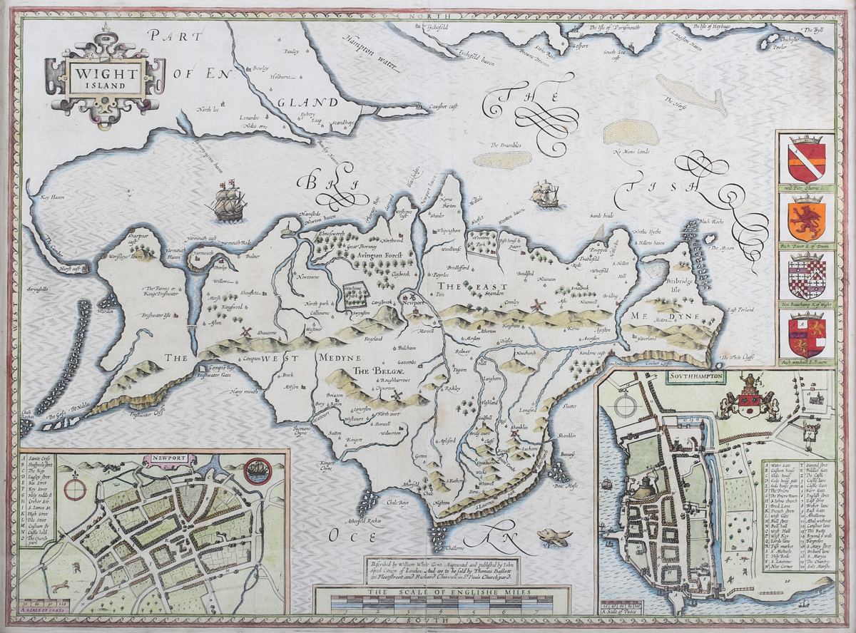 John Speed - 'Wight Island' (Map of the Isle of Wight), 17th century engraving with later hand-