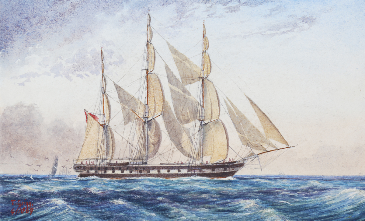 T. Gring, British School - Sailing Vessel in Calm Seas, watercolour, signed and dated 1869, 13cm x