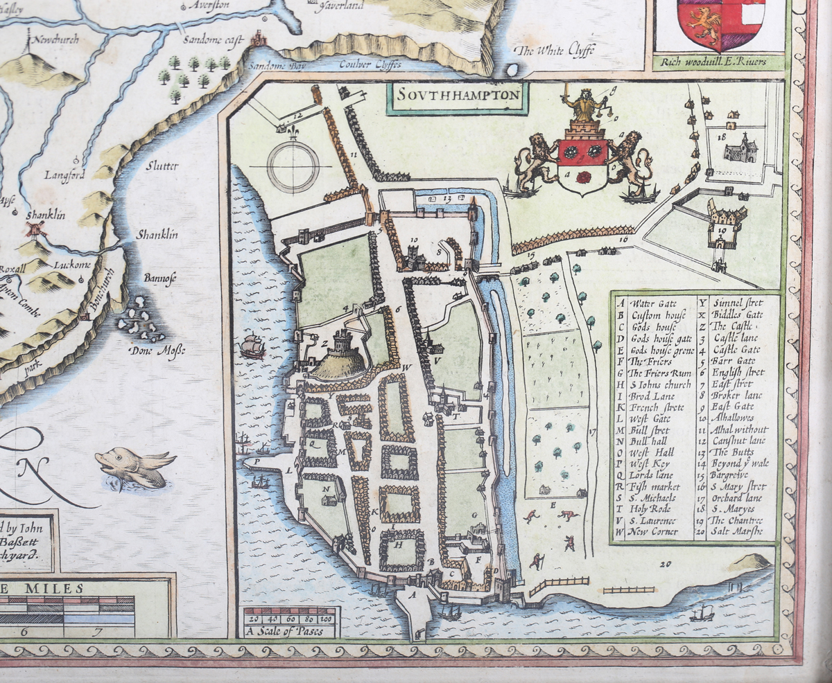 John Speed - 'Wight Island' (Map of the Isle of Wight), 17th century engraving with later hand- - Image 4 of 8