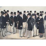 Richard Dighton Junior - Meeting at Tattersalls, 19th century lithograph with hand-colouring, 19cm x