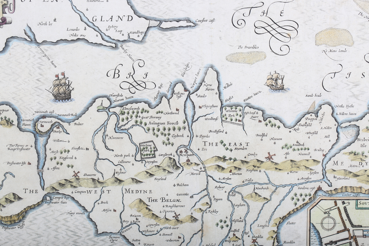 John Speed - 'Wight Island' (Map of the Isle of Wight), 17th century engraving with later hand- - Image 3 of 8