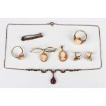 A 9ct gold and oval shell cameo ring, ring size approx N1/2, a 9ct gold bar brooch with an oval