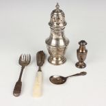 A George VI silver sugar caster with pierced cover, Birmingham 1937, height 16cm, together with a