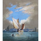 British School - Maritime Scene with Sailing Vessel, Harbour and Naval Dockyard beyond, 19th century