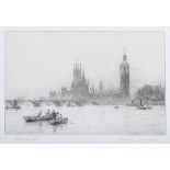 Rowland Langmaid - 'London, Westminster from the River', early 20th century etching, signed and