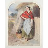 Follower of John Absolon - Peasant Girl wearing a Shawl in a Village, late 19th century watercolour,