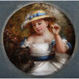 Circle of Arthur John Elsley - Young Lady wearing a Straw Hat and White Dress with Blue Ribbons,