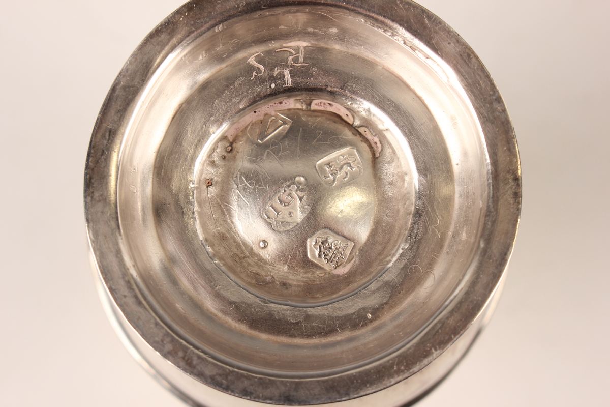 A George II silver caster of girdled low-bellied form, the pierced domed cover with pierced grille - Image 4 of 5