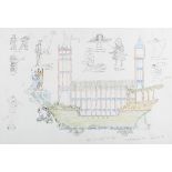 David West - 'Sketch for Westminster Barge', 20th century pen with ink and watercolour, signed,