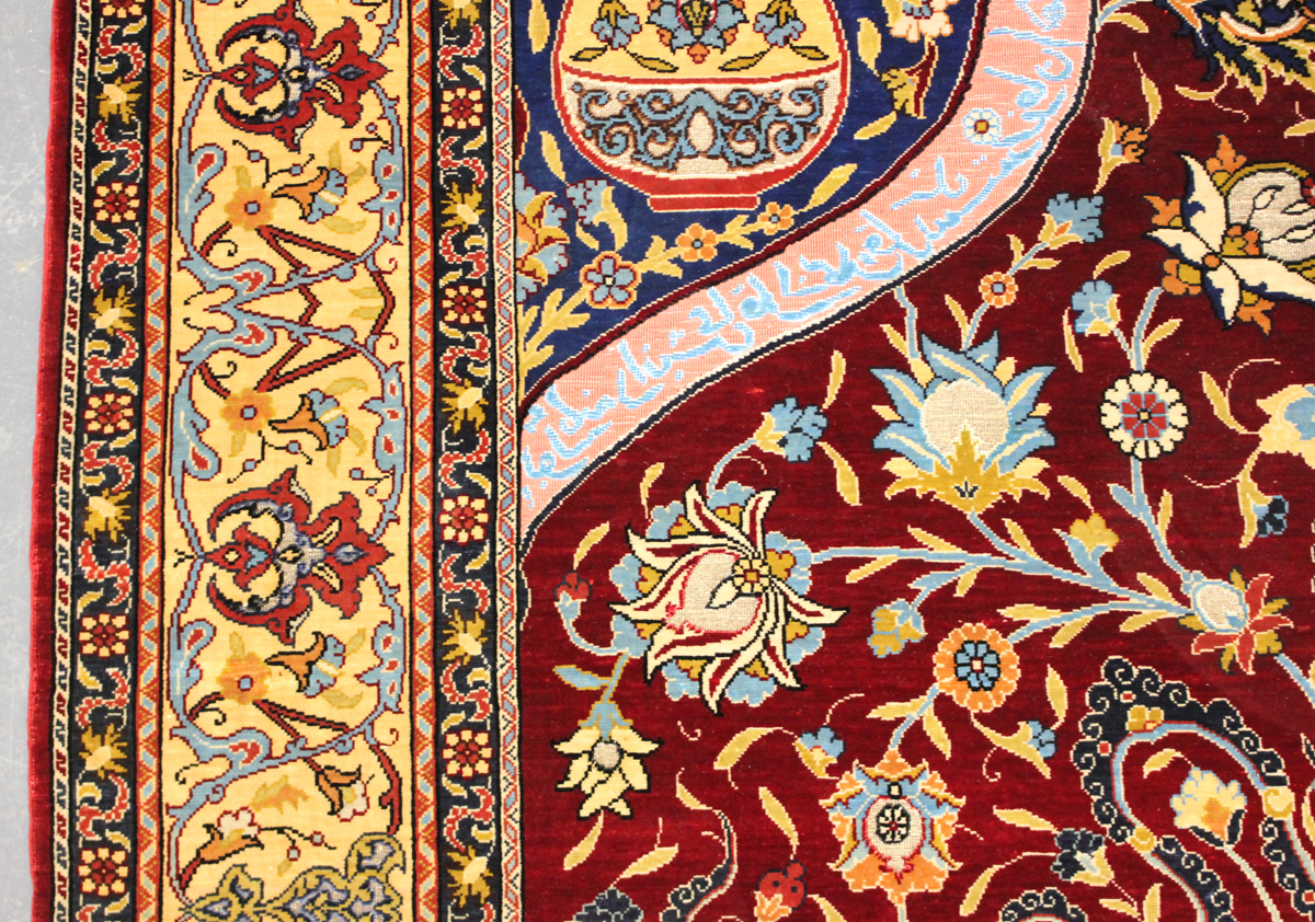 A fine Hereke silk and gilt metal thread prayer rug, Turkey, modern, the deep claret mihrab with - Image 11 of 23