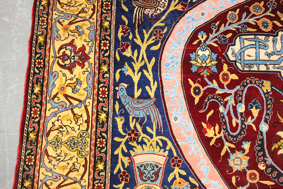 A fine Hereke silk and gilt metal thread prayer rug, Turkey, modern, the deep claret mihrab with - Image 14 of 23