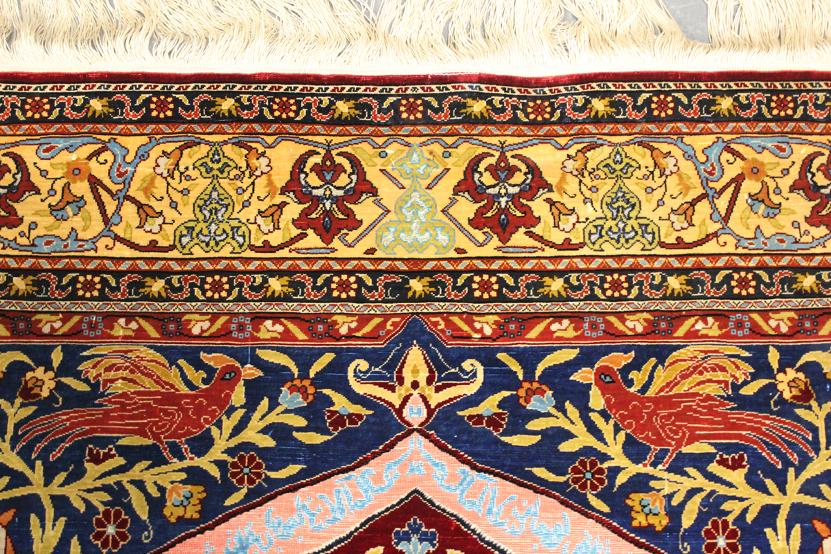 A fine Hereke silk and gilt metal thread prayer rug, Turkey, modern, the deep claret mihrab with - Image 16 of 23