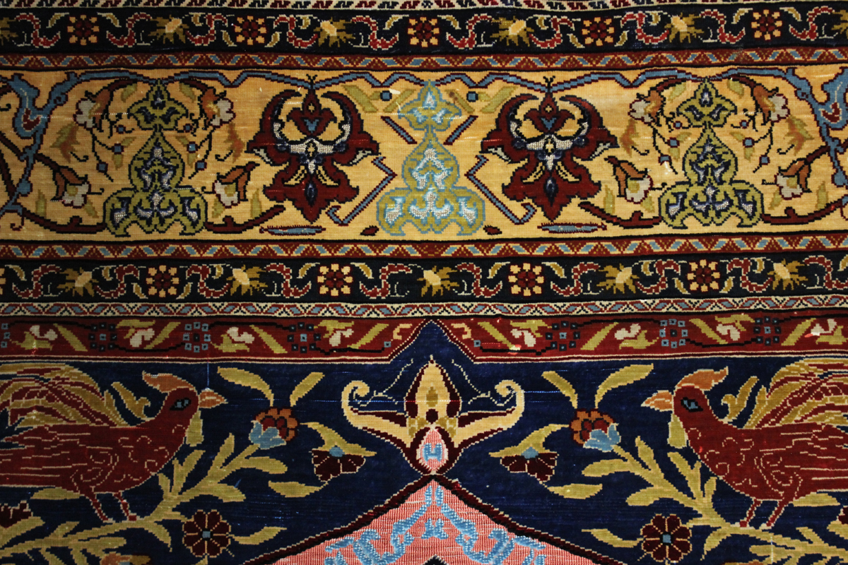 A fine Hereke silk and gilt metal thread prayer rug, Turkey, modern, the deep claret mihrab with - Image 22 of 23