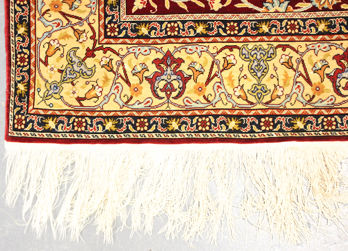 A fine Hereke silk and gilt metal thread prayer rug, Turkey, modern, the deep claret mihrab with - Image 5 of 23