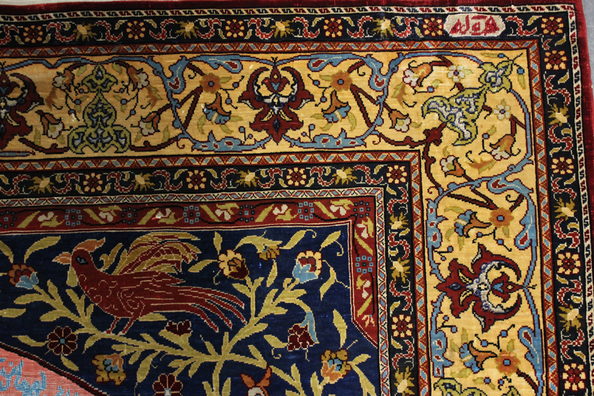 A fine Hereke silk and gilt metal thread prayer rug, Turkey, modern, the deep claret mihrab with - Image 21 of 23