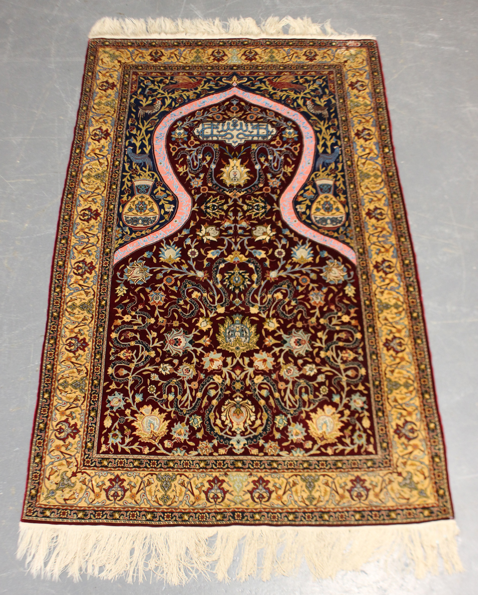 A fine Hereke silk and gilt metal thread prayer rug, Turkey, modern, the deep claret mihrab with - Image 2 of 23