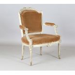 A late 18th century Louis XVI period French painted showframe fauteuil armchair of wide proportions,