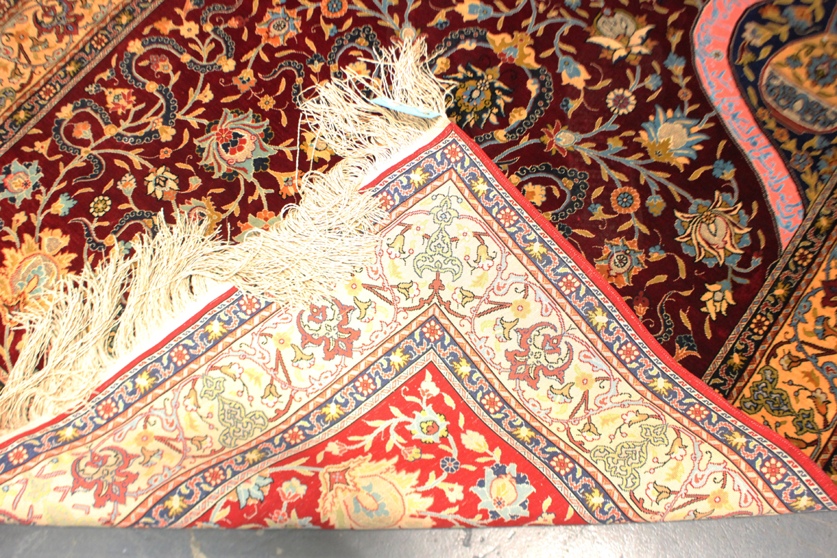 A fine Hereke silk and gilt metal thread prayer rug, Turkey, modern, the deep claret mihrab with - Image 3 of 23
