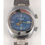 A Memostar alarm steel backed bracelet wristwatch, the signed blue oblong dial with date aperture,