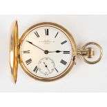 An 18ct gold keyless wind hunting cased gentleman's pocket watch, the gilt three-quarter plate