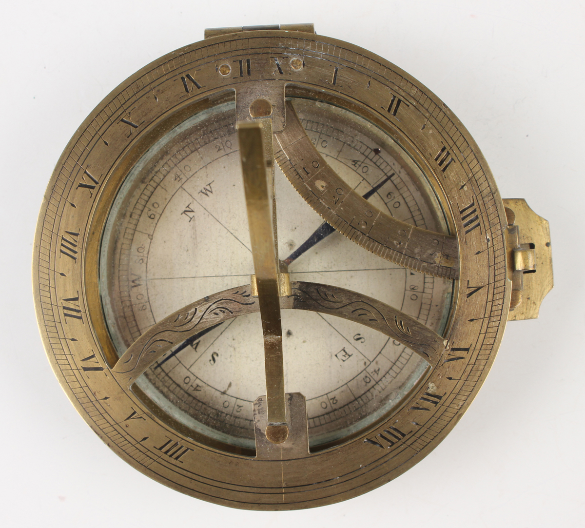 A 19th century brass equinoctial pocket sundial, the brass circular base with glazed silvered - Image 4 of 5